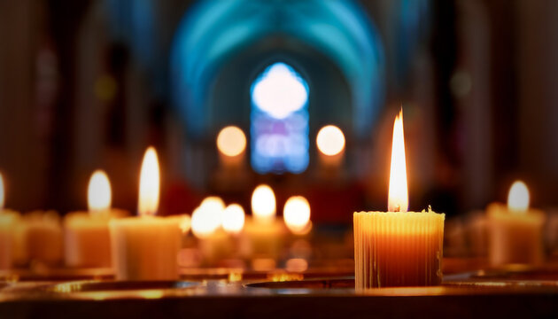 bougies allum&eacute;es dans une &eacute;glise, c&eacute;l&eacute;bration de la f&ecirc;te religieuse de Toussaint