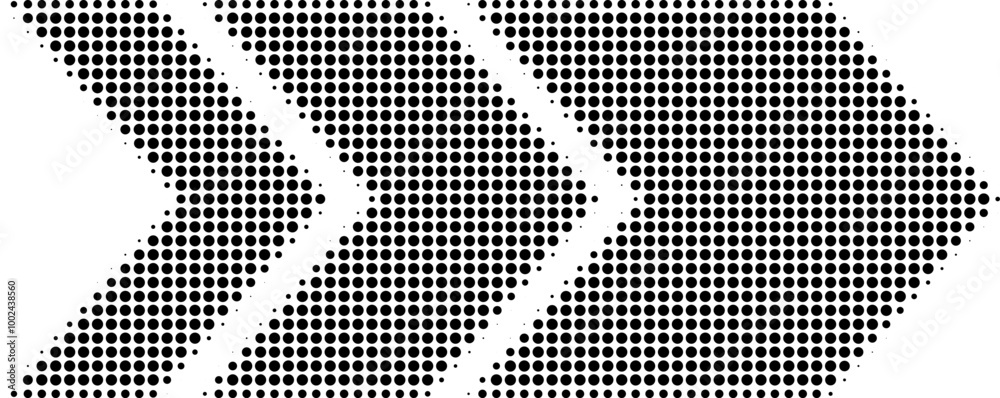 Sticker abstract arrow symbol created from dots, halftone effect. retro halftone style arrow in three sizes 