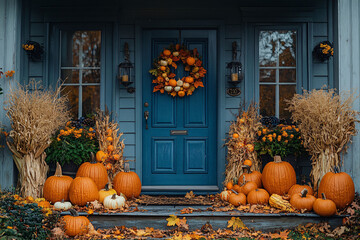 A charming blue house decorated for Halloween features vibrant pumpkins lining the porch. A stunning autumn wreath hangs on the door, while dried plants enhance the seasonal atmosphere, inviting all