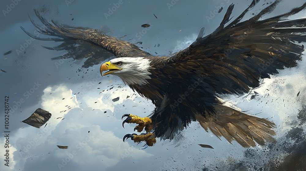 Poster   A majestic bald eagle soars through the sky, its powerful wings unfurled and sharp talons gripped tightly