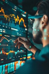 A person analyzing financial data on a digital screen with graphs and charts.