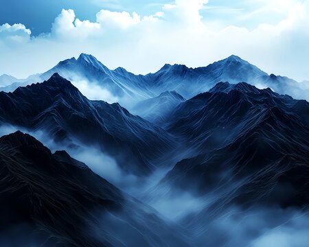 A stunning view of misty mountain peaks beneath a cloudy sky, showcasing the serene beauty and majesty of nature.