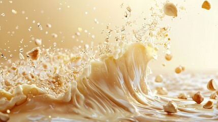   A close-up of milk splashing into a body of water with shells on the bottom of the splash
