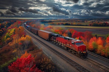 Vibrant Autumn Freight Train Journey Through Scenic Countryside With Stunning Fall Foliage