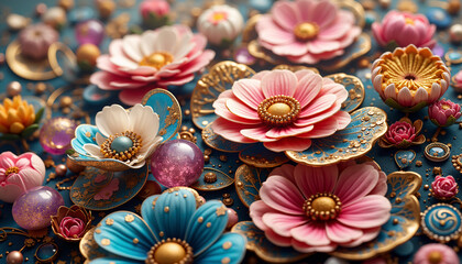 A flower with gold accents is surrounded by small beads and other decorations