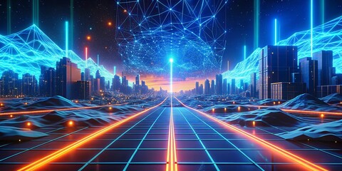 Futuristic Digital Landscape with Glowing Lights and Data Streams