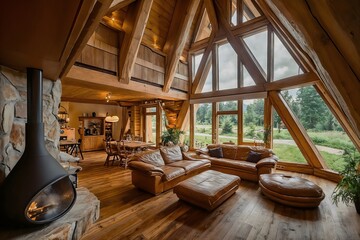 Cozy Rustic Living Room in a Chalet Style with Large Windows and a Modern Fireplace