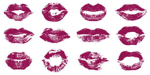 Set of lips imprint, dark pink lipstick kiss. Vector illustration