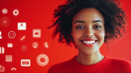 Portrait of a smiling young African American woman with curly hair wearing a red sweater, standing against digital marketing icons on social media