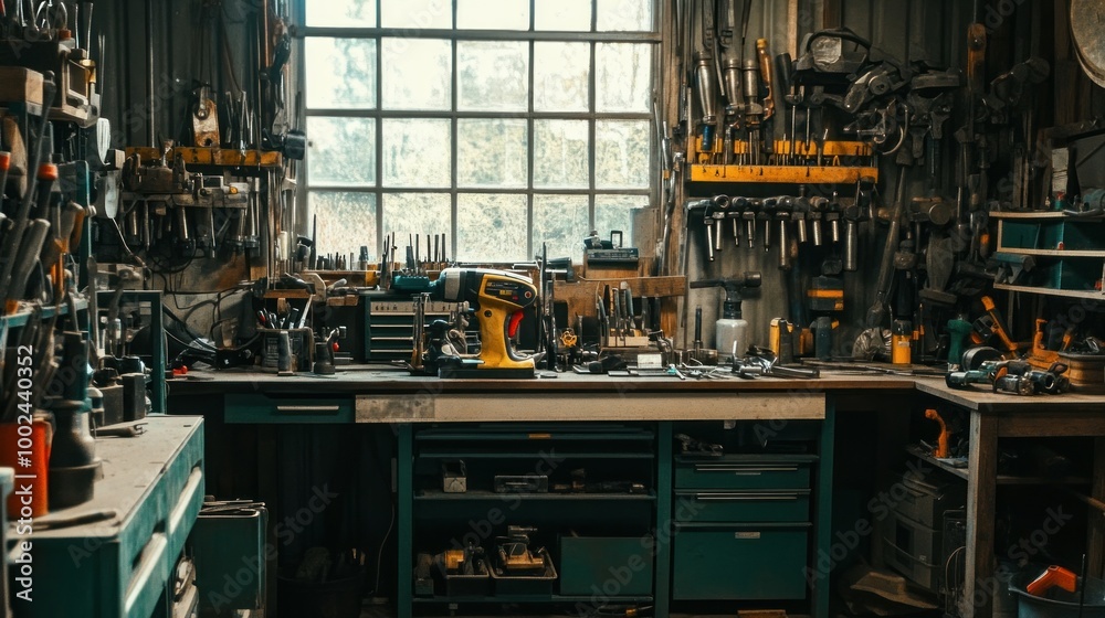 Poster a well-equipped workshop with tools and a drill on a workbench