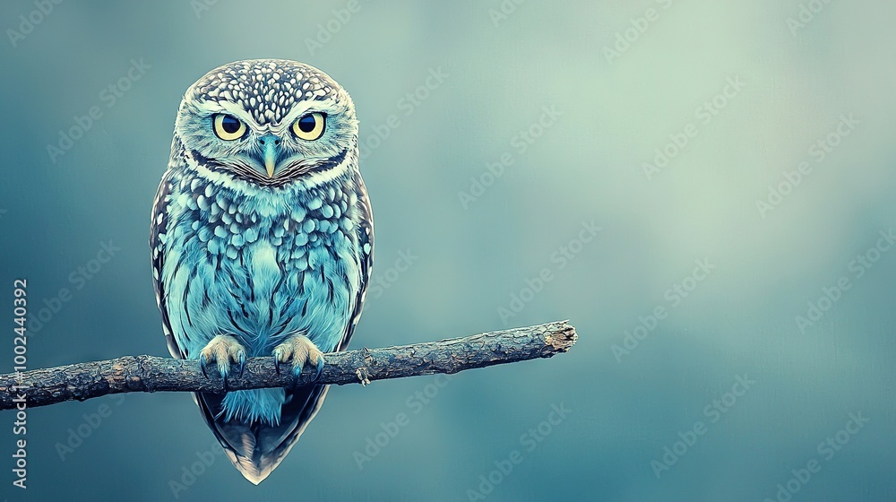 Canvas Prints   Blue owl on branch against blue sky in foreground, and blue sky in background