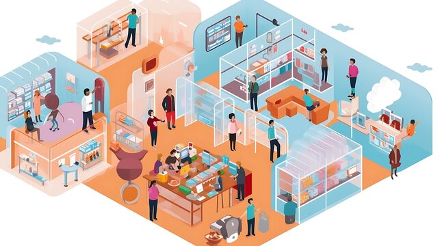 A vibrant illustration of various workspaces and activities in a collaborative environment.
