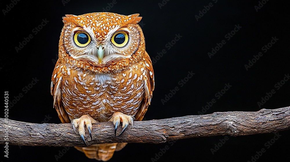 Wall mural   An owl in close-up, perched on a branch against a dark background