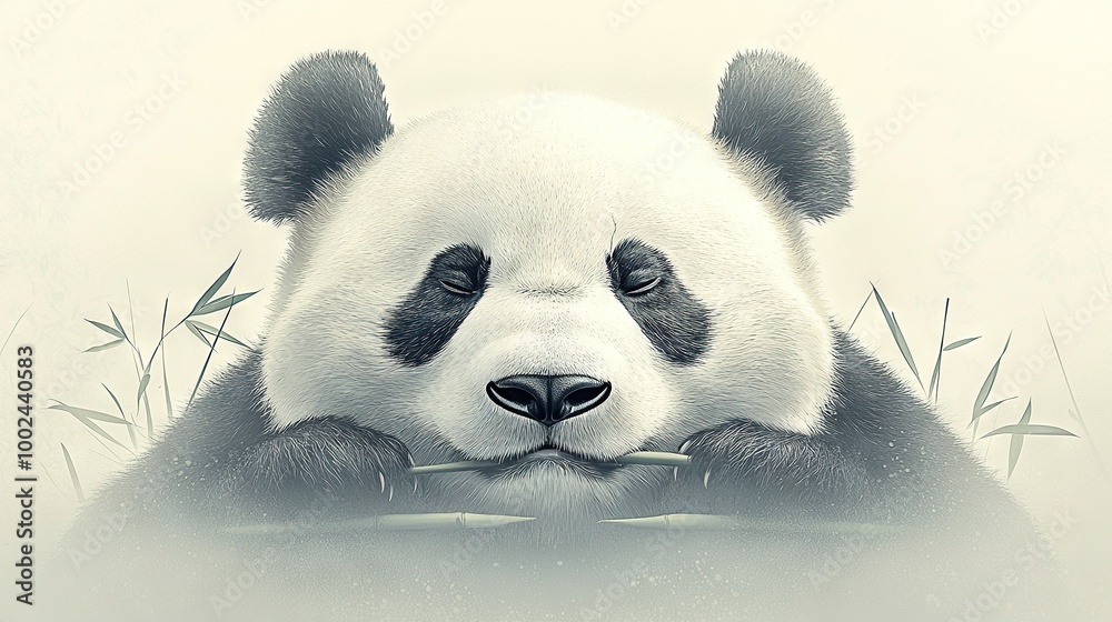 Sticker   A monochrome panda with closed eyes, holding a bamboo stick before its face