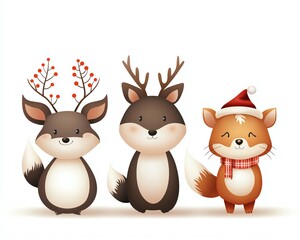 Fototapeta premium Cute winter animals illustration with deer and fox wearing festive accessories, perfect for holiday and Christmas designs.