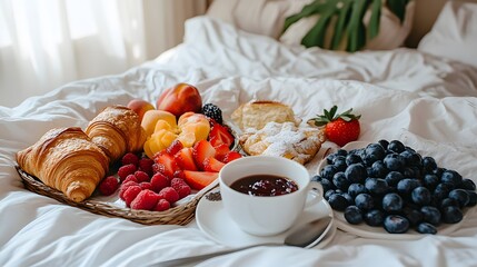 The breakfast with croissant as the main character conveys luxury, simplicity but high taste, perfect for advertising food or to emphasize a lifestyle that cares about quality and internationalism.