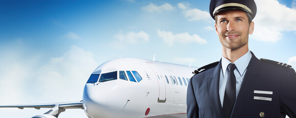 A pilot stands confidently in front of an airplane on a sunny day, showcasing professionalism and readiness for takeoff