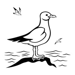 Monochrome icon of seagull on sea background on white background.