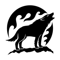 Monochrome icon wolf howling at the moon on white background.