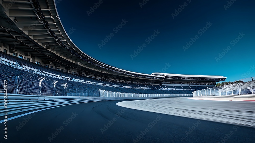 Poster a long exposure shot of a race track with a blurred car speeding around the curve.