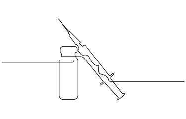 Medical syringe and bottle with liquid drug in continuous one line drawing vector illustration, Medical syringe and bottle with liquid drug in continuous line art drawing style. Treatment, 