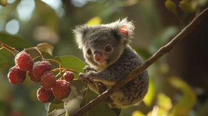 Obraz premium A young koala clings to a tree branch surrounded by fruits during a sunny afternoon in an Australian forest