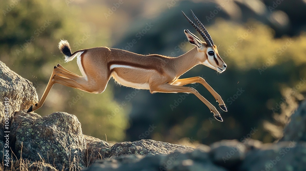 Canvas Prints   A gazelle gracefully leaps from a rock with its front legs extended and back legs tucked