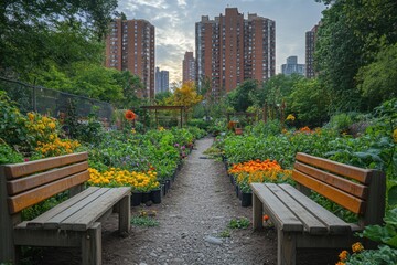 Urban Community Garden Path with Benches and Colorful Flower Beds Under Sunset