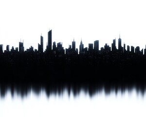 Fototapeta premium Modern city skyline silhouette with skyscrapers and reflection over white background, creating a striking urban landscape view.