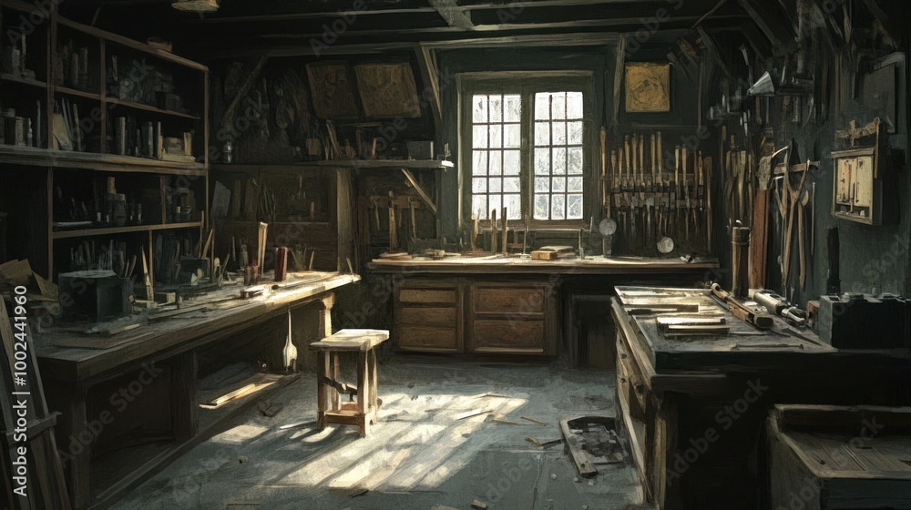 Aufkleber A Rustic Workshop with Tools and Sunlight Streaming Through a Window