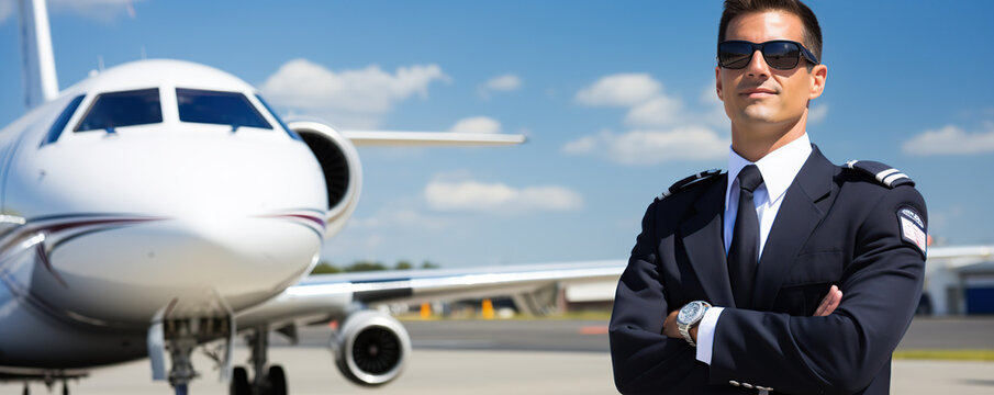 Confident pilot stands proudly in front of a private jet at an airport on a clear day, showcasing professionalism and readiness for flight