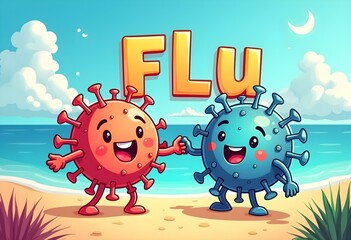 Fototapeta premium Flu Season Funny Comic Style 3D text About Virus Prevention Cough and Contagious Cold