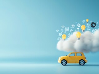 Fototapeta premium Yellow toy car under cloud with floating icons and light bulbs on blue background, creative thinking and innovation concept.