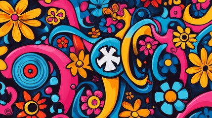 Fototapeta premium Psychedelic 1960s Banner Design with Swirling Patterns and Groovy Typography