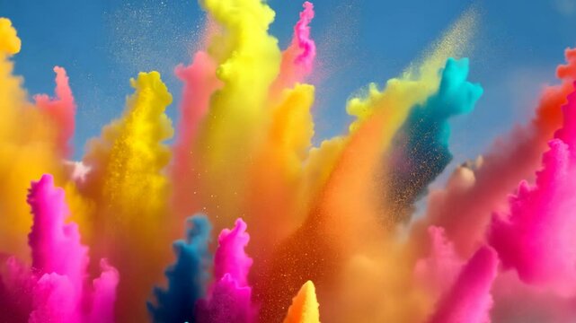 Colorful powder explosion against blue sky background, Holi festival celebration or color run event, vibrant dust clouds creating dynamic and joyful atmosphere in slow motion