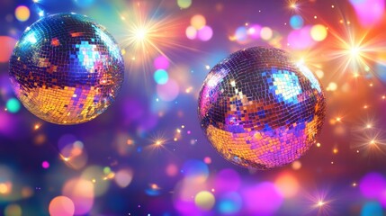 Obraz premium 70s Disco Retro Banner with Dazzling Disco Balls and Starbursts
