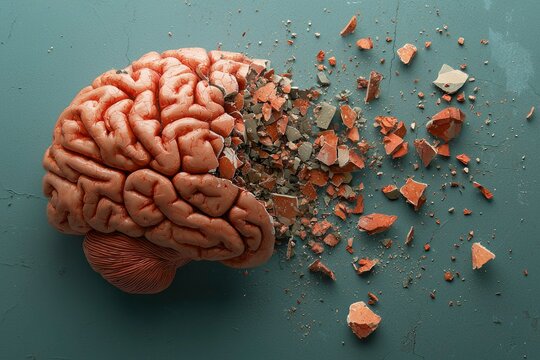 A human brain breaking apart into fragments on a blue background