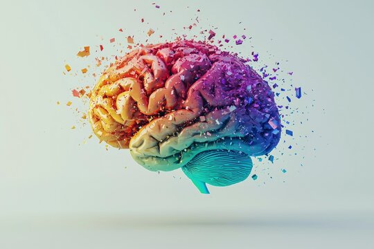 A colorful, shattered human brain with pieces flying away.