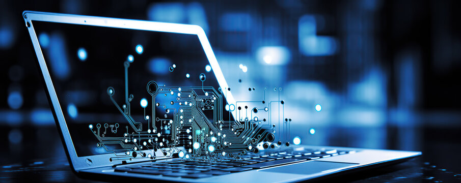 A futuristic laptop displaying glowing circuit designs and digital connections in a dark environment