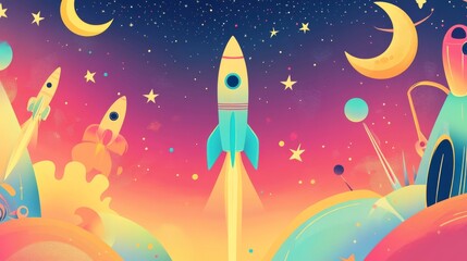 Bright Space-Themed Retro Banner with Atomic-Age Stars and Crescent Moons