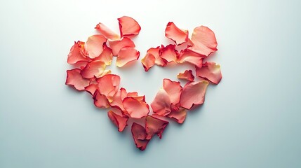 Obraz premium Heart-shaped design featuring rose petals on light blue background and subtle shadow outlines