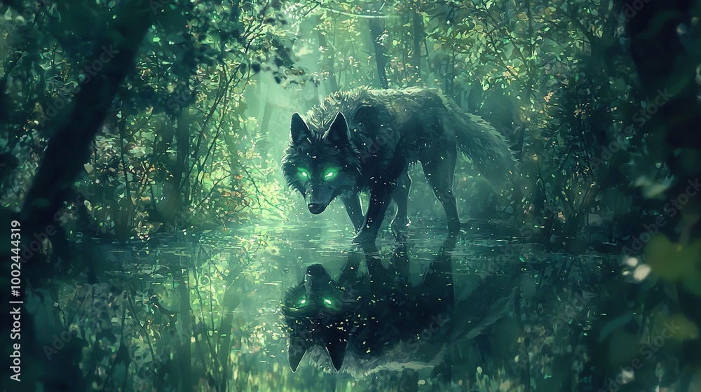 Sticker   Wolf in forest with body of water and glowing eyes