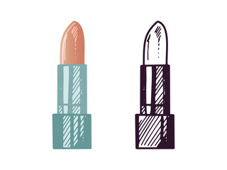 Doodle flat style lipstick, beauty cosmetic element, self care. Illustration for beauty salon, cosmetic store, makeup design. Doodle sketch style.