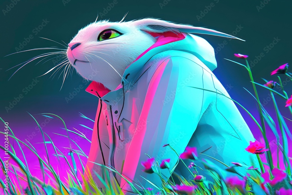 Canvas Prints Stylish Rabbit in a Neon Field