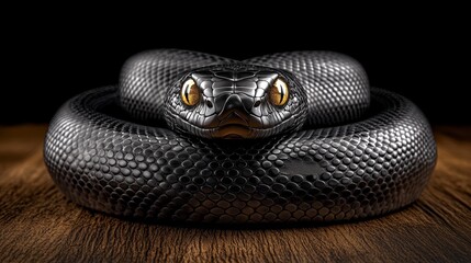 Obraz premium A black snake with bright yellow eyes is coiled on a wooden surface