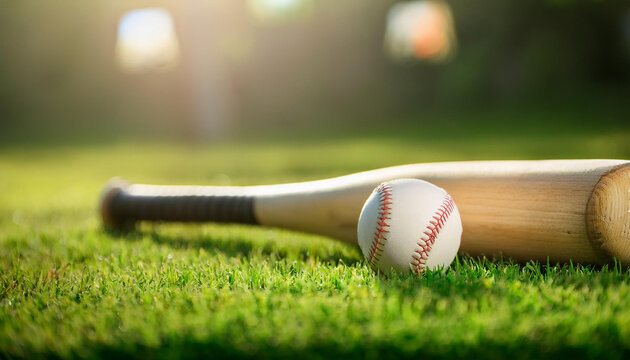 Wooden baseball bat and ball on green grass.