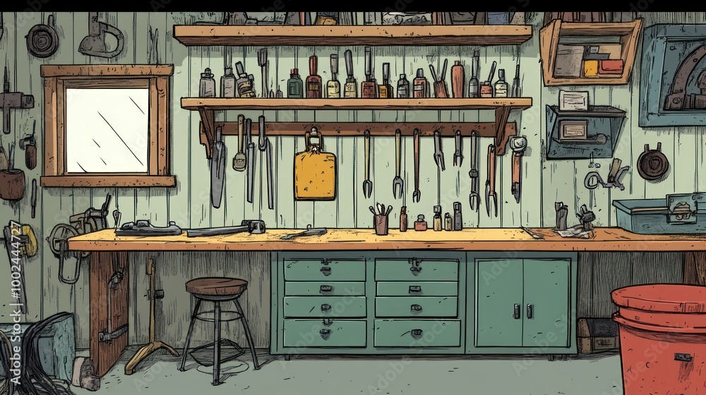 Poster A Detailed Depiction of a Well-Equipped Workshop with Tools and Storage