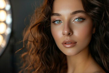 Fototapeta premium Beautiful woman makeup artist or young attractive female with a professional studio background