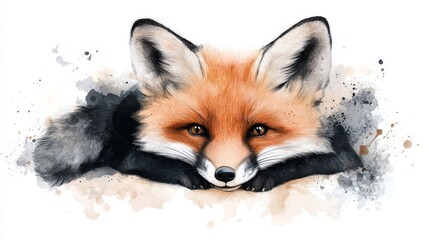 Obraz premium A red fox peeking out from behind a watercolor splatter. Its fur is a rich orange and its eyes are bright and alert. A perfect image for nature lovers.