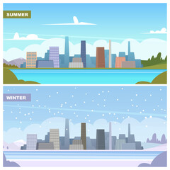 seasons. summer and winter urban background with city landscape. vector seasonal illustrations